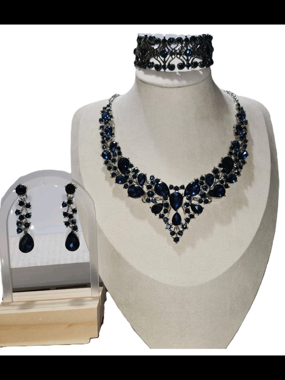 3-Pc Navy Blue Rhinestone Statement Jewelry Set Necklace Earrings Bracelet